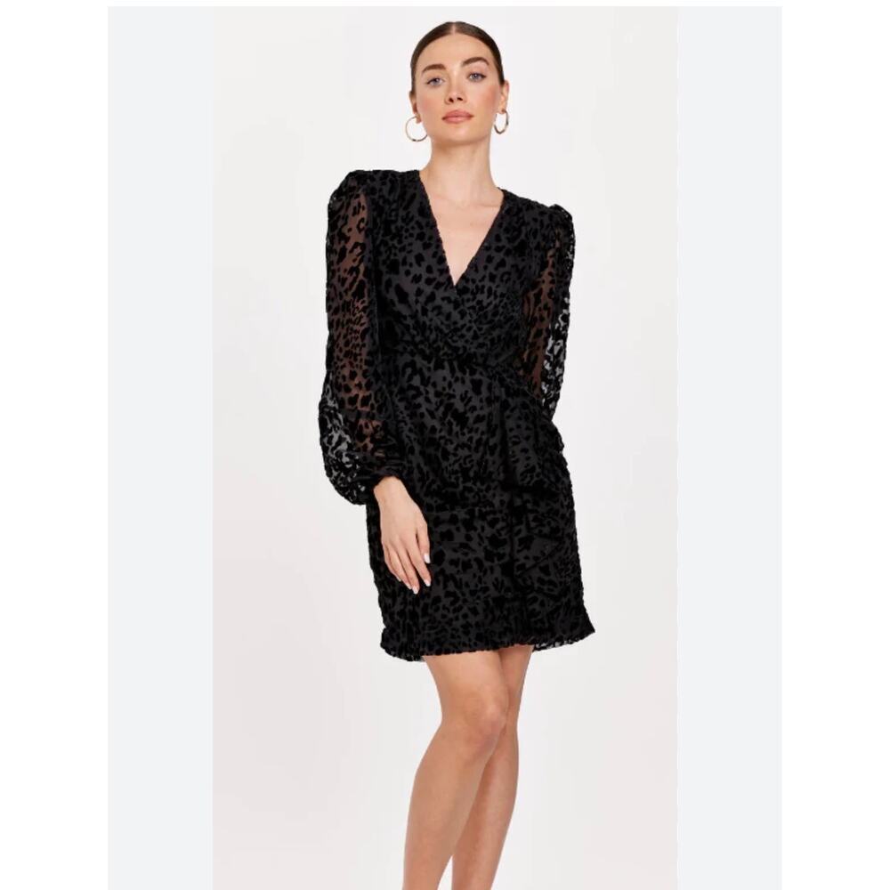 Dear John Nina Wrap Dress Black Burnout Velvet Animal Print NWT Size S